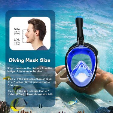 Комплект для дорослого підводного плавання з ластами, маска для дайвінгу на все обличчя, захист від запотівання, поле зору 180 та кріплення для камери, регульовані ласти з чохлом, для підводного плавання та дайвінгу, синій, розмір S/M