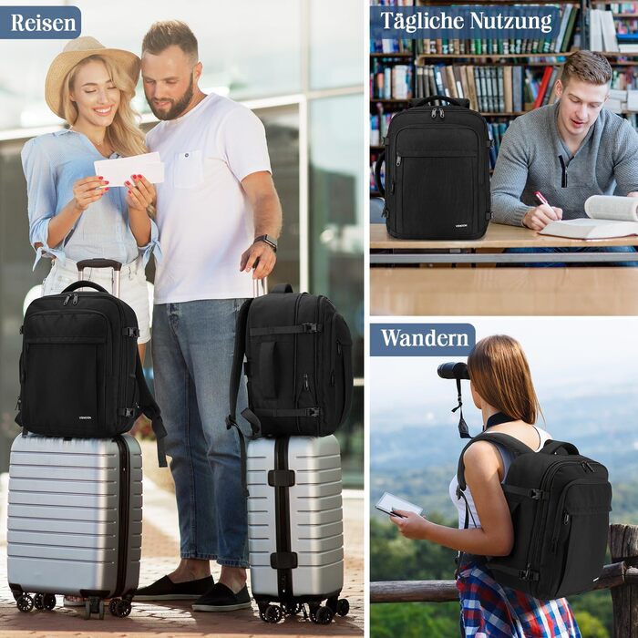 Рюкзак для ручної поклажі, розширювана дорожня сумка від 24 л до 30 л, водонепроникний рюкзак для ручної поклажі з вологим відділенням, ручна поклажа Ryanair 40x30x20 для 15-дюймового ноутбука для Ryanair, Lufthansa, чорний 40x30x20 см