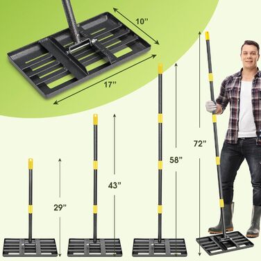 Вирівнювальна граблі для газону, 43,2 x 25,4 см, інструмент для вирівнювання газонів, з ергономічною ручкою, міцні вирівнювальні граблі для газону, подвір'я, саду, гольф-поля, для легкого вирівнювання землі, ґрунту, піску - 1,8 м