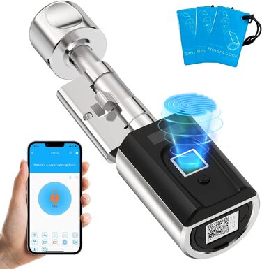 Електронний дверний замок із RFID-картою Bluetooth WiFi для 30-70 мм регульованого циліндра, електронний замок із відбитком пальця, сріблястий, 51 Fingerprint Lock