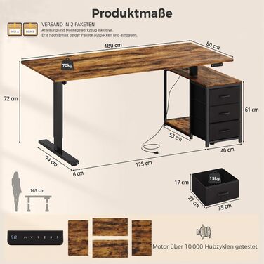 Регульований по висоті письмовий стіл IRONCK 180x80 см з розеткою та 3 шухлядами, 18011680 см