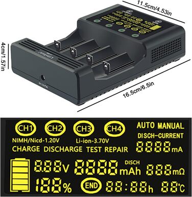 Швидкий зарядний пристрій Liitokala Lii-600 з РК-дисплеєм та сенсорним керуванням, 4-слотовий швидкий зарядний пристрій для акумуляторів 18650 з адаптером 12V 5A для Li-Ion/Ni-MH/Ni-Cd 14500 21700 AA AAA тощо.
