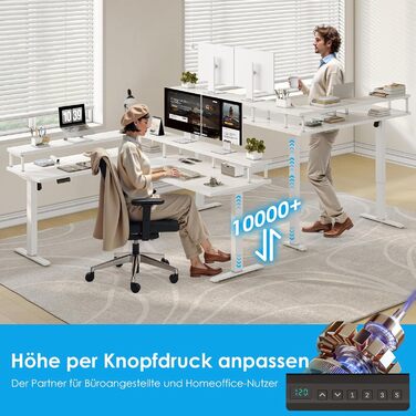 Кутовий письмовий стіл OffiGo, регульована висота, 150x120 см, стіл з регульованою висотою та розеткою, електричний L-подібний стіл з підставкою для монітора, білий 150 x 120 см