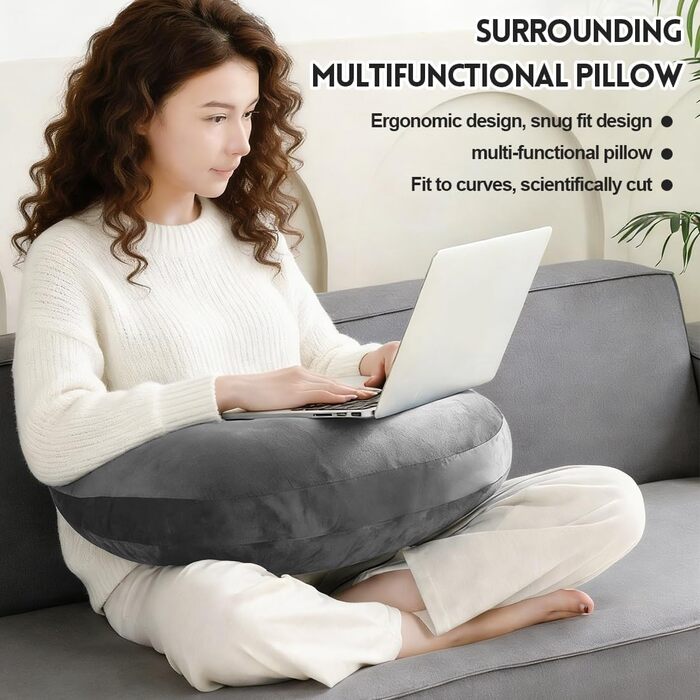 Ігрова та читацька подушка LOMUG, подушка для читання для сидіння на ліжку/дивані/підлозі, подушка для підтримки рук, U-подібна подушка/в&39язана гачком подушка та ергономічна ігрова подушка, геймерська подушка темно-сірого кольору