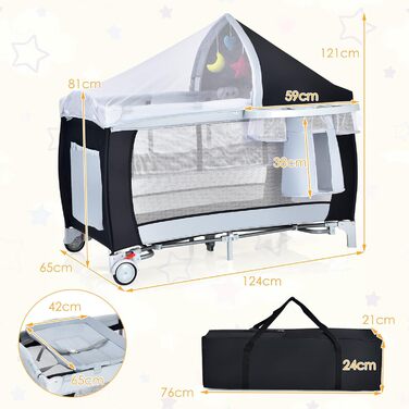 Складане дорожнє ліжечко COSTWAY 4-в-1, дитяча колиска, пеленальний столик та манеж з функцією гойдання, включаючи музичний мобіль, ігрову арку, пеленальний килимок, матрац, органайзер для підгузків та сумку для перенесення (чорний)