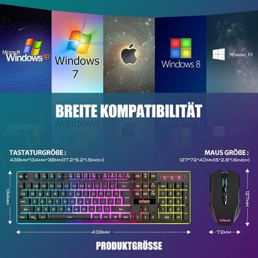 Набір бездротових ігрових клавіатури та миші RedThunder K10, розкладка QWERTZ DE, ємність акумулятора 3000 мА та 3200 DPI для геймерів (чорний)