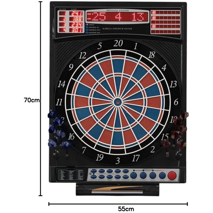 Електронна мішень для дартсу преміум-класу Silver з високим рівнем гри, 41 гра, професійний дизайн для турнірів на 2 лунки, світлодіодні дисплеї, включаючи 12 м&39яких дротиків