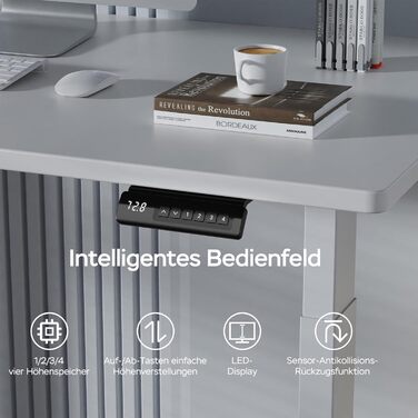 Стіл з регулюванням висоти та двома двигунами, цільна стільниця 25 мм, інтелектуальне керування з 4 налаштуваннями пам&39яті, вантажопідйомність 35 кг, тихий &lt45 дБ (білий білий, 140 см x 70 см) Білий білий 140 см x 70 см