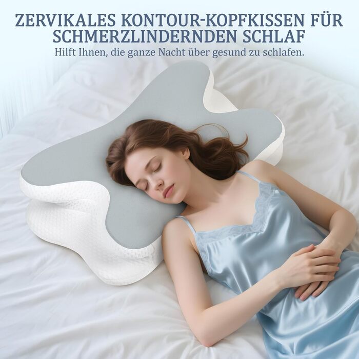 Подушка для шиї - Ортопедична подушка з піни з ефектом пам&39яті, ергономічна подушка для полегшення болю в шиї для сну на боці, спині та животі з чохлом з крижаного шовку (сіра)
