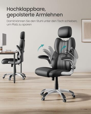 Офісне крісло SONGMICS, ігрове крісло, регульований підголівник, функція гойдання, письмове крісло, регульовані підлокітники, універсальні колеса, регульована висота, чорний колір OBG65BK