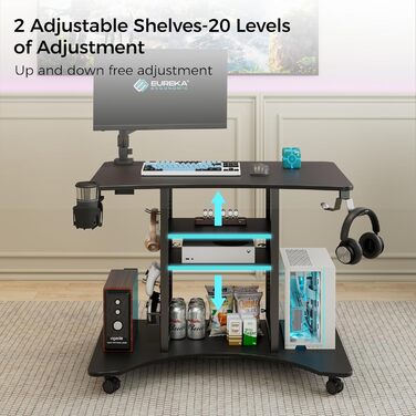 Ергономічний стіл EUREKA, комп&39ютерний стіл на колесах, невеликий стіл з 4 колесами, що обертаються на 360, мобільна робоча станція 94 * 59 * 75 см, підходить для вітальні, спальні, кабінету з місцем для зберігання