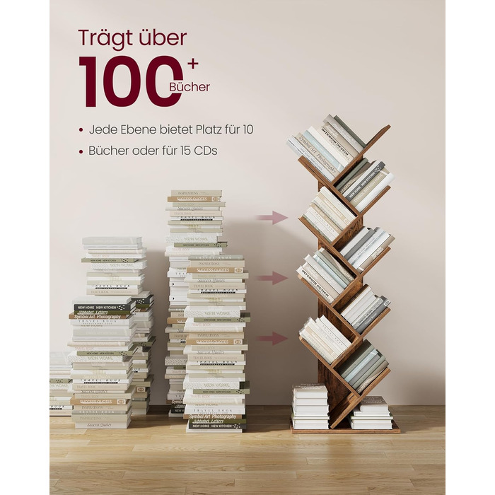 Книжкова полиця VASAGLE у формі дерева, 9-ярусна окремостояча полиця, компактна кутова полиця, полиця для зберігання речей у спальні, вітальні, домашньому офісі, вінтажний коричневий колір LBC11BX 9 ярусів (25 Г x 50 Ш x 141,5 В см) вінтажний коричневий к