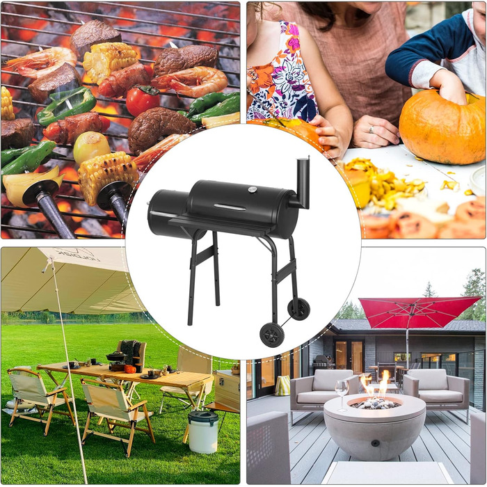 Вугільний гриль Laneetal з кришкою та візком на колесах, металевий садовий гриль з робочою поверхнею для кемпінгу та відпочинку на природі, чорний