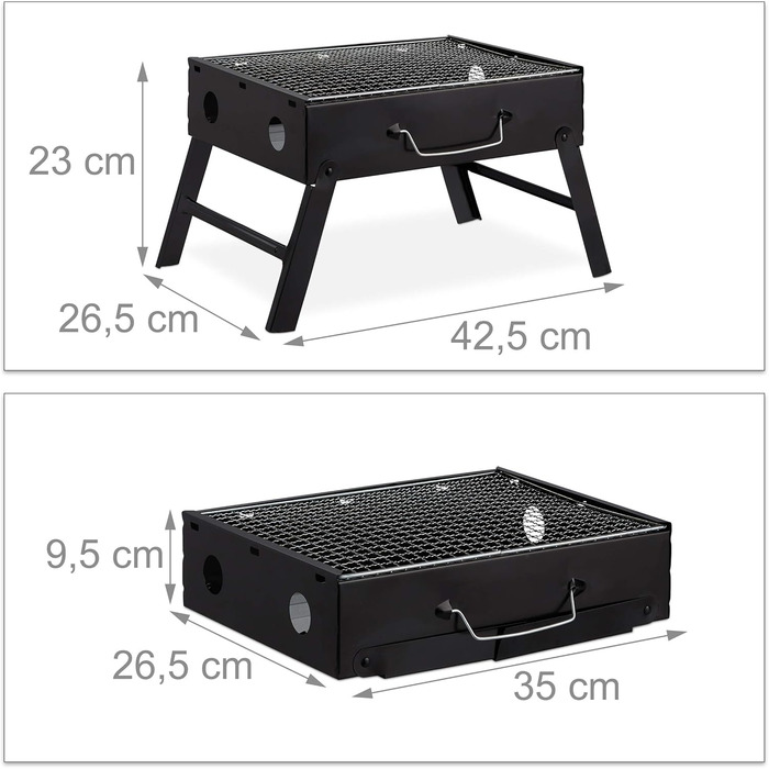 Портативний кемпінговий гриль Relaxdays, складаний гриль на 4 особи, сталевий дорожній гриль, складаний, розміри В/Ш 23 x 42,5 x 26,5 см, чорний