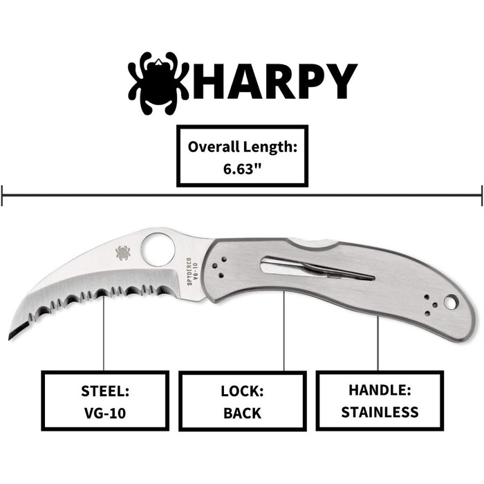 Дорослі, Складаний ніж, Гарпія, Довжина в закритому стані 9.84 см, Тип фіксатор, Сірий, Один розмір, C08S