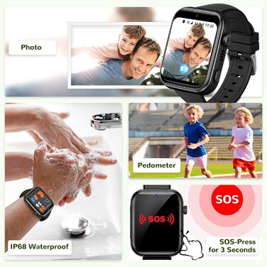 Дитячий смарт-годинник з функцією відеодзвінків та телефону, GPS, голосовий чат, WhatsApp, WiFi, SOS, SMS, шкільний режим, крокомір, водонепроникний IP68, будильник, дитячий смарт-годинник для дівчаток/хлопчиків, чорний