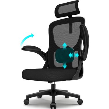 Офісний стілець, стілець для роботи з підголівником та м&39якою поперековою опорою, ергономічний офісний стілець з функцією гойдання до 130, стілець для роботи з відкидними підлокітниками, обертовий стілець 150 кг, чорний, модель I