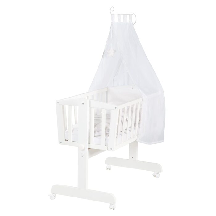 Дитяча колиска roba 40 x 90 см з дерева - Лисиця та Зайчик - Колиска та колиска з колесами - Комплект ліжка з функцією блокування - Включає текстильне обладнання - Дерево біле / Лисиця та Зайчик