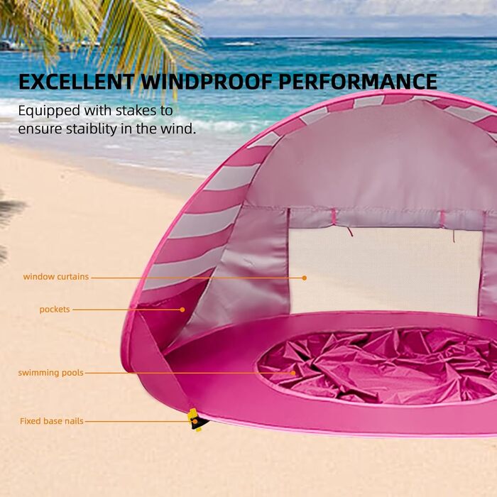 Дитячий пляжний намет, дитячий пляжний намет із захистом від ультрафіолету 50, дитячий пляжний намет з міні-басейном, портативний пляжний намет для дітей, пляжний, кемпінговий, садовий з сумкою для перенесення, рожевий