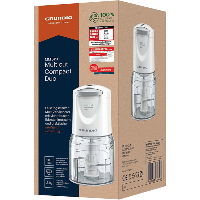 Компактний подрібнювач Grundig MM 5150 Multi-Cut (400 Вт, пластиковий контейнер 0,5 л) одинарний
