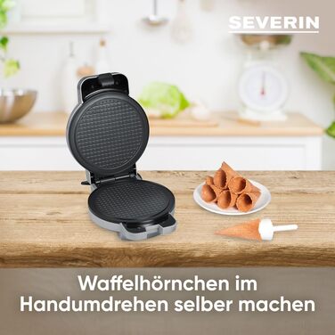 Торговий автомат SEVERIN Squirrel для хрустких вафельних ріжків, практична вафельниця для морозива з антипригарним покриттям, конусна праска з конусом для формування конусів, срібло, HA 2082