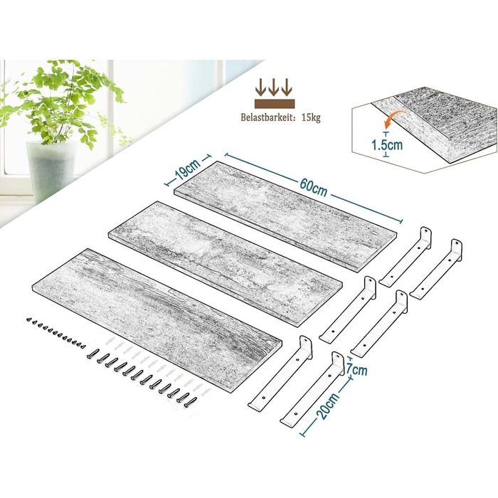 Настінні полиці EUGAD, комплект із 3 предметів, плаваюча полиця 60 см, настінні полиці, підвісна полиця з дерев&39яним виглядом у вінтажному стилі, настінна полиця для вітальні, кухні, кабінету, ванної кімнати, настінна дошка з вантажопідйомністю 15 кг/по