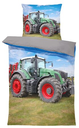 Постільна білизна для однієї людини 135x200 см, трактор, сільськогосподарська техніка, зелений сірий, двостороння мікрофібра