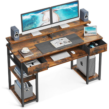 Стіл ODK, комп'ютерний стіл з висувними ящиками, 120x48x90см, дерев'яний стіл зі знімною полицею, офісний стіл з лотком для клавіа