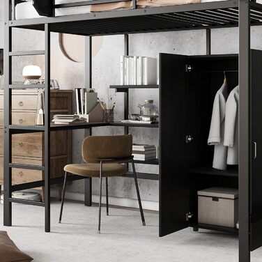 Ліжко-горище Merax 90x200 см з письмовим столом, шафою та полицею для зберігання, міцне металеве двоярусне ліжко з рейковою основою та захисними поручнями, компактне дитяче ліжко-горище, дитяче ліжко-горище, чорне 90 x 200 см, чорне - зі столом та шафою