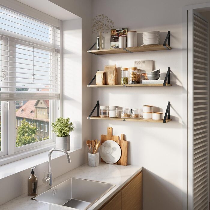 Настінні плаваючі книжкові полиці CASSA ZENO, комплект з 3 шт. , 80 см x 20 см, книжкова полиця для спальні, вітальні, офісу, ванної кімнати, кухні, дерев&39яна, рустикальна, з металевим кронштейном (натуральний колір), натуральний колір, 3 20 Г x 80 Ш x 