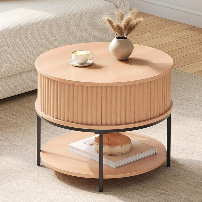 Журнальний столик з регульованою висотою, круглий журнальний столик з ребристим дизайном та прихованим місцем для зберігання, приставні столики для дивана Centro для вітальні, підйомна поверхня з дуба