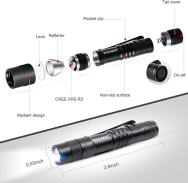 Маленький ліхтарик RISEMART EDC Супер яскравий міні брелок Ліхтарик Світлодіодний водонепроникний ліхтарик Підходить для батареї AAA Надяскравий (9 см)