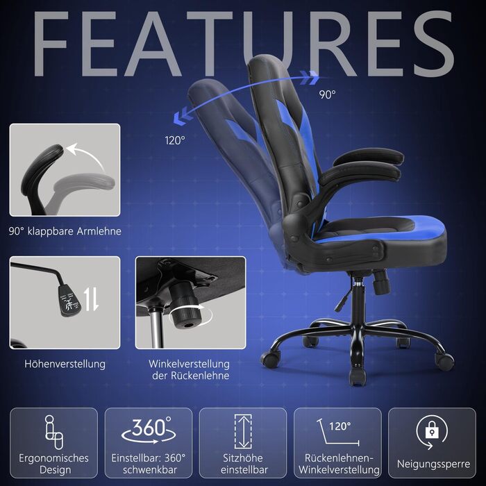Ергономічне ігрове крісло зі складними підлокітниками, регульована висота (107-116 см), поворот на 360, штучна шкіра, тихі колеса, складні підлокітники, офісне крісло для ігор та домашнього офісу, синього кольору