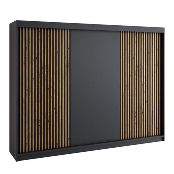 Шафа-купе з розсувними дверима, 3-дверна з 4 шухлядами та 3D ламелями, 200 см (Чорний/Чорний/Чорний/Чорний)