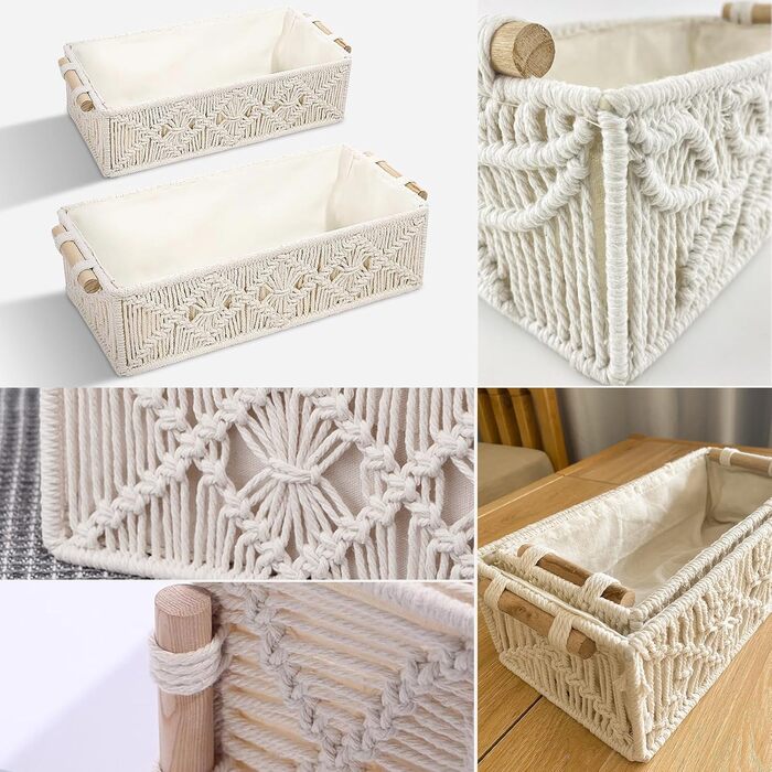 Набір із 2 плетених кошиків для зберігання макраме, декоративні коробки, бохо-декор, ручна робота з макраме з бавовняної мотузки з ручками для декору, подарунковий кошик, кошик для хліба, кошик для зберігання закусок (білий)