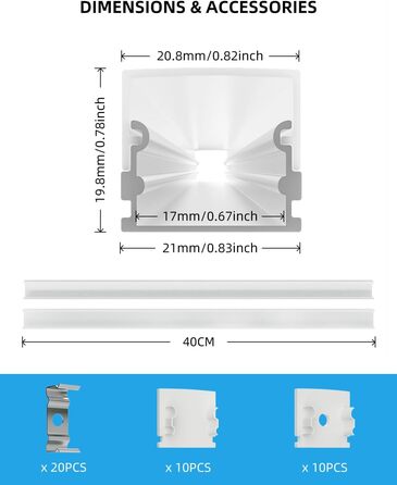 Світлодіодний профіль CUQI, світлодіодний алюмінієвий профіль 10 x 40 см з кришкою ПК молочного кольору, торцевими кришками та монтажним кронштейном для світлодіодних стрічок шириною 17 мм (10 ПАКЕТІВ)