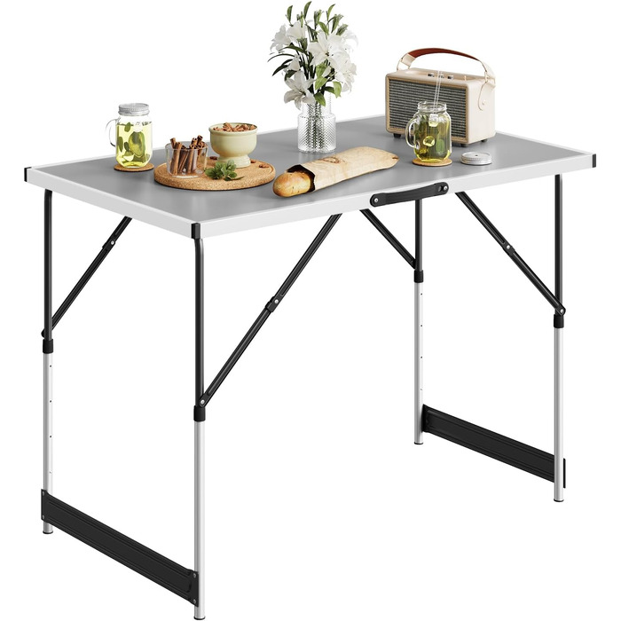 Кемпінговий стіл, розкладний стіл 100x60 см, стіл з регульованою висотою для обклеювання шпалерами, складний садовий стіл з алюмінію та МДФ для кемпінгу, саду, вечірок, ринків тощо, сірий