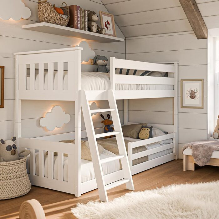 Дитяче ліжко-горище 90x200 см з поручнями та двома рейковими основами білого кольору Ліжко для дівчаток та хлопчиків Дитяче ліжко Підліткове ліжко 90x200 см Для дітей віком від 4 до 18 років 90 x 200 см (матраци не входять до комплекту) Білий