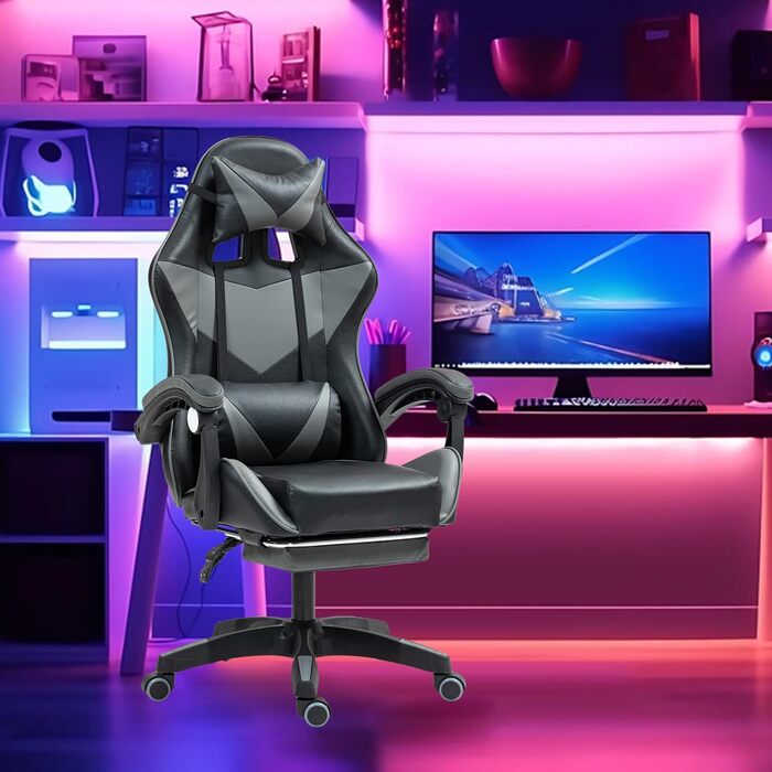 Ігрове крісло з підставкою для ніг, ігрове крісло для дорослих, комп&39ютерне крісло з поперековою опорою, підголівником, офісне крісло з регульованою висотою, чорнийсірий з підставкою для ніг чорнийсірий