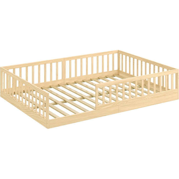 Дитяче ліжко CADANI Timi 140x200 см, підлогове ліжко, знімні захисні поручні, вантажопідйомність до 200 кг, висувна рейкова основа, ліжко Монтессорі з масиву сосни, 3 варіанти складання, трансформоване, натуральний колір 140 x 200 см