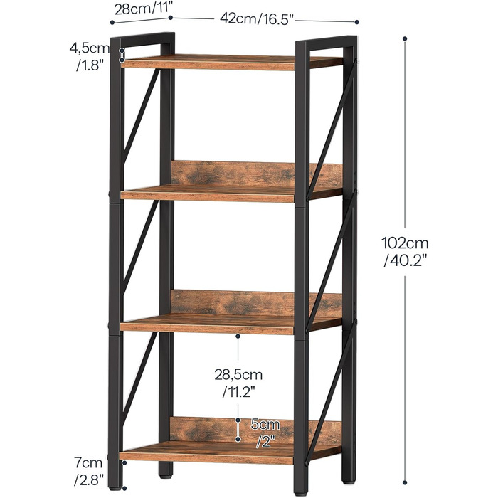 Книжкова полиця HOOBRO, стояча полиця, полиця-драбина, окремостояча вузька полиця, офісна полиця з 4 ярусами, відкриті полиці, для вітальні, спальні, офісу, кухні, рустикальний коричневий та чорний EBF40SJ01 42 x 28 x 102 см рустикальний коричневий чорний