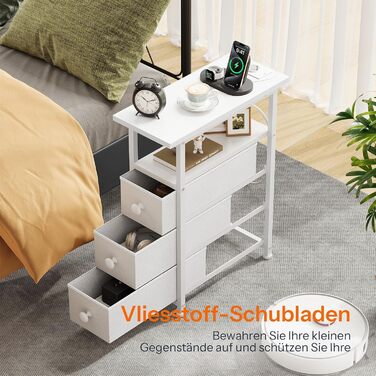 Приліжкова тумба HOOBRO із зарядною станцією, 1 стандартна розетка, 2 USB-порти, вузька бічна тумба, 3 шухляди з нетканого матеріалу, відкрите відділення, для вітальні, спальні, білий EWW482CBZ01