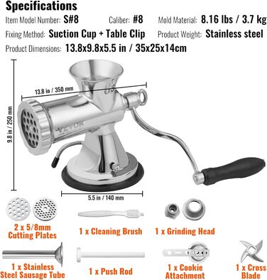 Ручна м'ясорубка VEVOR Ручна м'ясорубка 304 Нержавіюча сталь, ріжучі пластини 5 і 8 мм М'ясорубка Ручна м'ясна машина з ковбасною трубкою, підходить для подрібнення м'яса, овочів і начинки ковбаси Срібна м'ясорубка 8