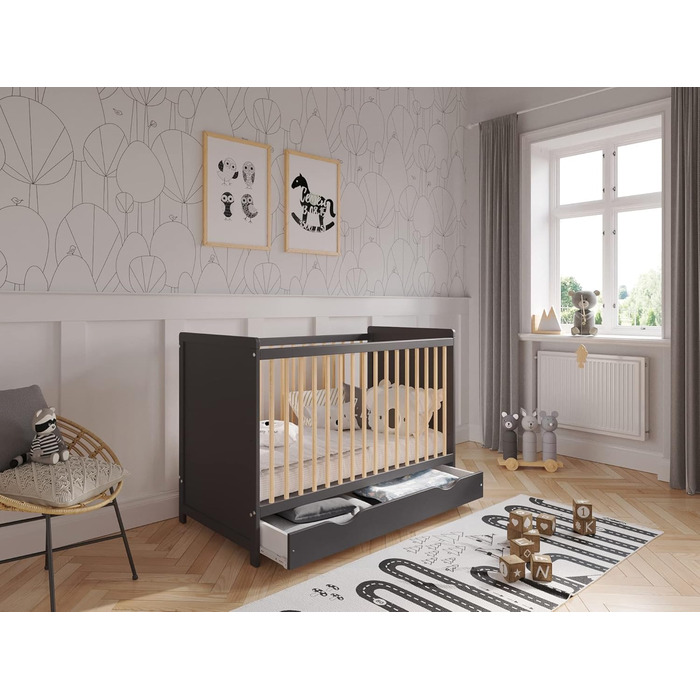 Дитяче ліжечко/спальне місце Love For Sleep 120x60 см з поролоновим матрацом та стьобаним чохлом, антрацитово-соснова дитяче ліжко Tokyo, дерев&39яне дитяче ліжко - трансформоване дитяче ліжко, антрацит/сосна