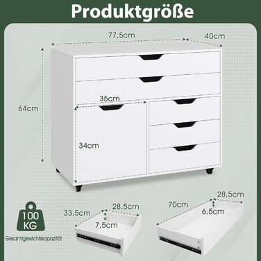 Контейнер на колесах COSTWAY з 5 шухлядами та шафою, мобільна шафа для документів на колесах, шафа з шухлядами та робочою поверхнею, дерев&39яний офісний контейнер на колесах для дому та офісу, білий 77,5 x 40 x 64 см