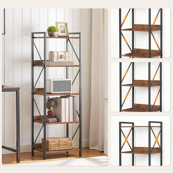Книжкова полиця HOOBRO, стояча полиця, полиця-драбина, окремостояча вузька полиця, офісна полиця, 5 ярусів, відкриті полиці, для вітальні, спальні, офісу, кухні, рустикальний коричневий та чорний EBF73SJ01 42 x 28 x 132 см Рустикальний коричневий чорний