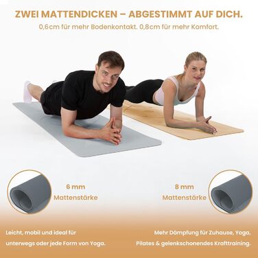 Килимок для йоги Нековзний спортивний килимок, розроблений у Німеччині 2 комфортні товщини Стабільний розмір килимка для йоги та гімнастики Ідеальний фітнес-килимок для йоги та пілатесу вдома або в студії, товщина 8 мм, сірий