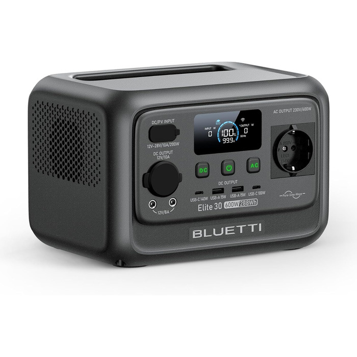 Портативна електростанція BLUETTI Elite 30 V2, акумулятор LFP 288 Втгод, вихідна потужність змінного струму 600 Вт (підйомна потужність 1500 Вт), 0-100 за 70 хвилин, сонячний генератор для кемпінгу, фургонів, відключень електроенергії (сонячна панель оп