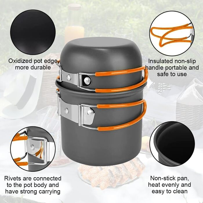 Набір посуду для кемпінгу, портативний, ультралегкий. Складаний посуд каструля, сковорода для туризму, походів та пікніків. Великий об'єм, помаранчевий колір.