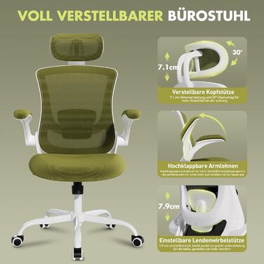 Офісне крісло COLAMY Mesh, комп&39ютерне крісло з регульованим підголівником та поперековою опорою, ергономічне робоче крісло з відкидними підлокітниками, функція нахилу 140, зелений класичний колір